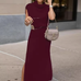 Cowl Neck Waisted Side Slit Midi Sweater Dress