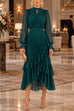 Karleedress Mock Neck Sheer Sleeve Pleated Ruffle High-Low Midi Dress (C)