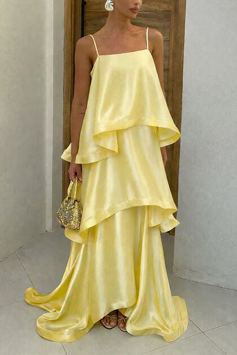 Karleedress Spaghetti Strap Ruffle Layered Satin Maxi Dress