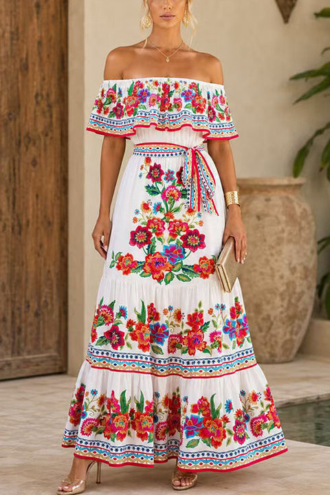 Karleedress Off Shoulder Floral Print Ruffle Maxi Dress