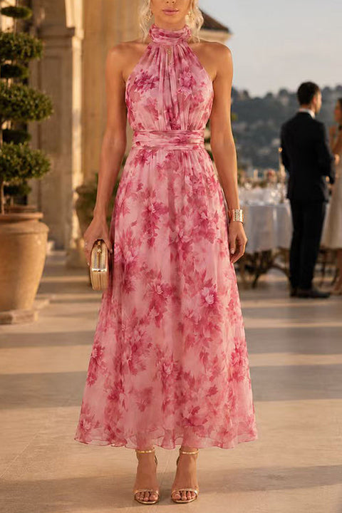 Karleedress Sleeveless Zipper Back Waisted Floral Print Maxi Dress