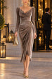 Karleedress Cowl Neck Gold Accent Ruched Velvet Midi Dress