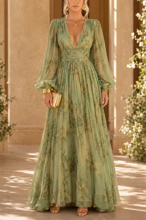 Karleedress V Neck Puff Long Sleeves Floral Print Maxi Dress
