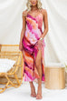 Adjustable Strap V Neck Tie Dye Slit Midi Dress