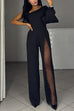 Karleedress Stylish One Shoulder Slit Long Sleeve Mesh Splice Wide Leg Jumpsuit