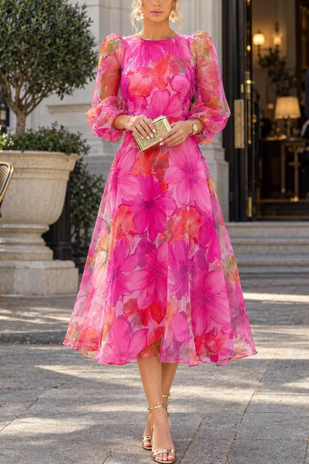 Karleedress Floral Print Long Sleeve A-Line Organza Midi Dress