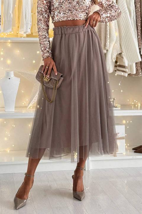 Karleedress Solid Elastic Waist Mesh A-line Midi Skirt
