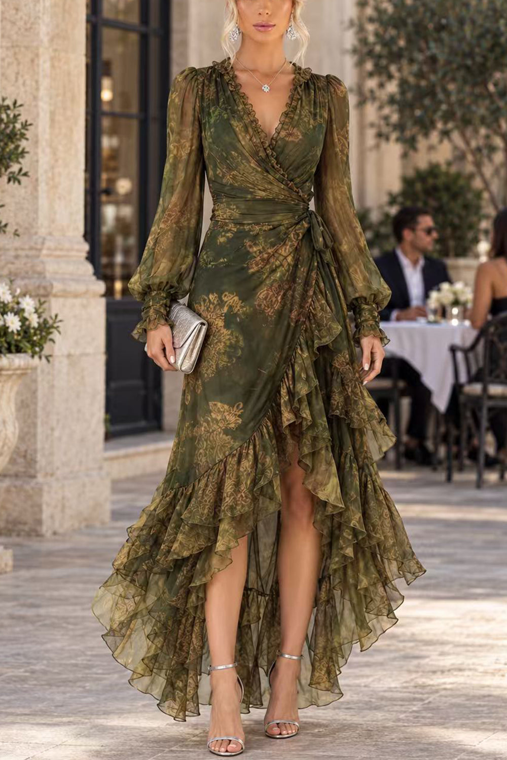 Karleedress V Neck Long Sleeves Printed Wraped Ruffle Maxi Dress