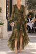 Karleedress V Neck Long Sleeves Printed Wraped Ruffle Maxi Dress