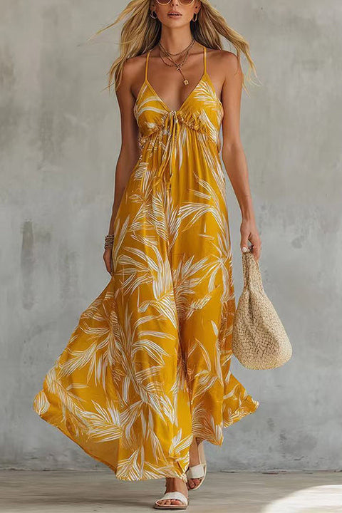 Karleedress Spaghetti Strap V Neck Printed Chiffon Maxi Dress