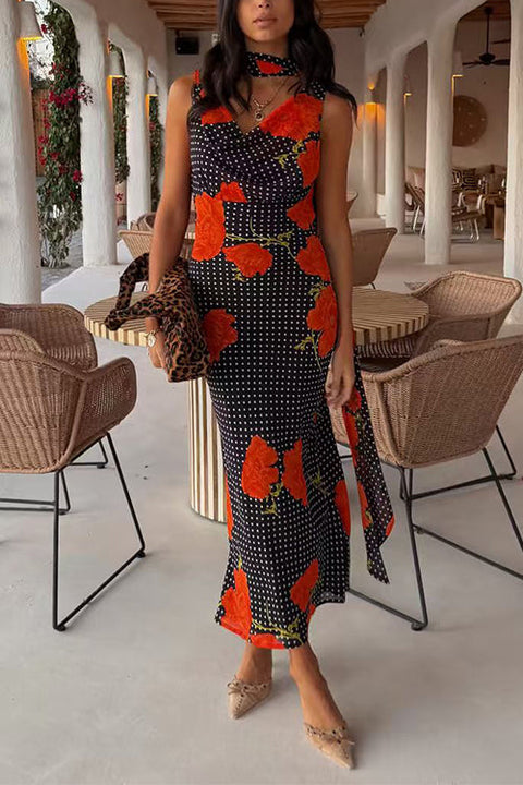 Karleedress Cowl Neck Backless Floral Print Maxi Dress with Scarf