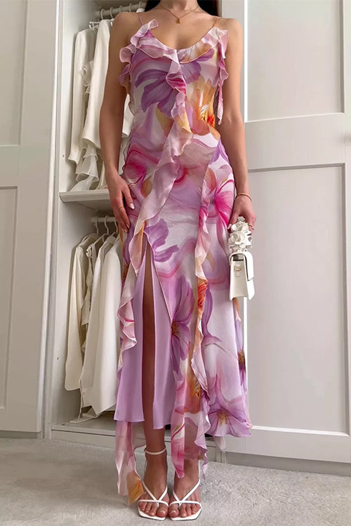 Karleedress V Neck Backless Ruffle Trim Slit Floral Print Maxi Cami Dress