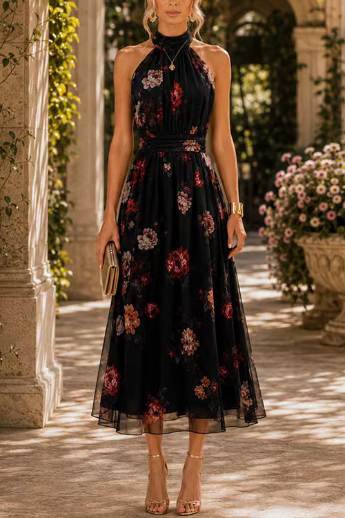 Karleedress Sleeveless High Waist Floral Print Flowy Midi Dress