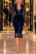 Karleedress V Neck Long Sleeves Lace Splice Velvet Midi Dress