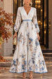 Karleedress V Neck Lantern Long Sleeves Floral Print Pleated Maxi Dress (A)