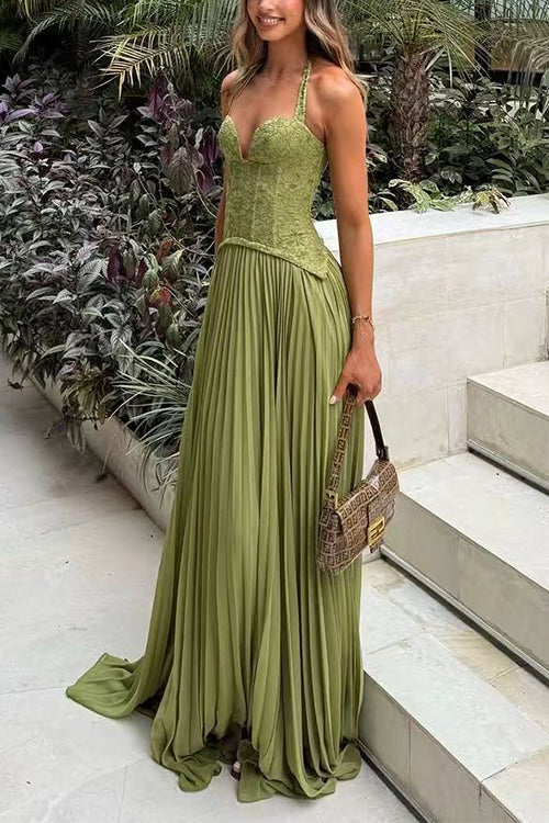 Karleedress Halter Neck Back Lace-up Pleated Maxi Dress