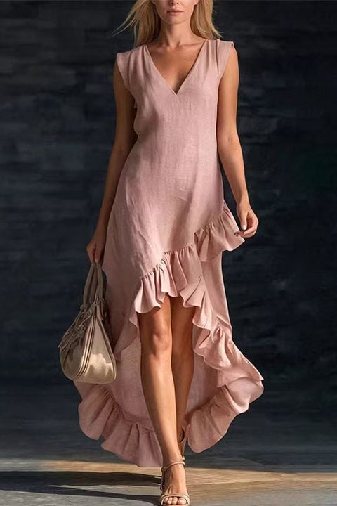 Karleedress V Neck Sleeveless High Low Hem Ruffle Maxi Dress