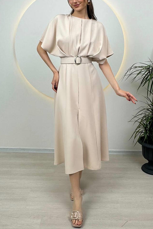 Karleedress Crewneck Short Sleeves Belted Slit Midi Dress