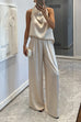 Cowl Neck Sleeveless Top and Elastic Waist Wide Leg Pants Satin Set