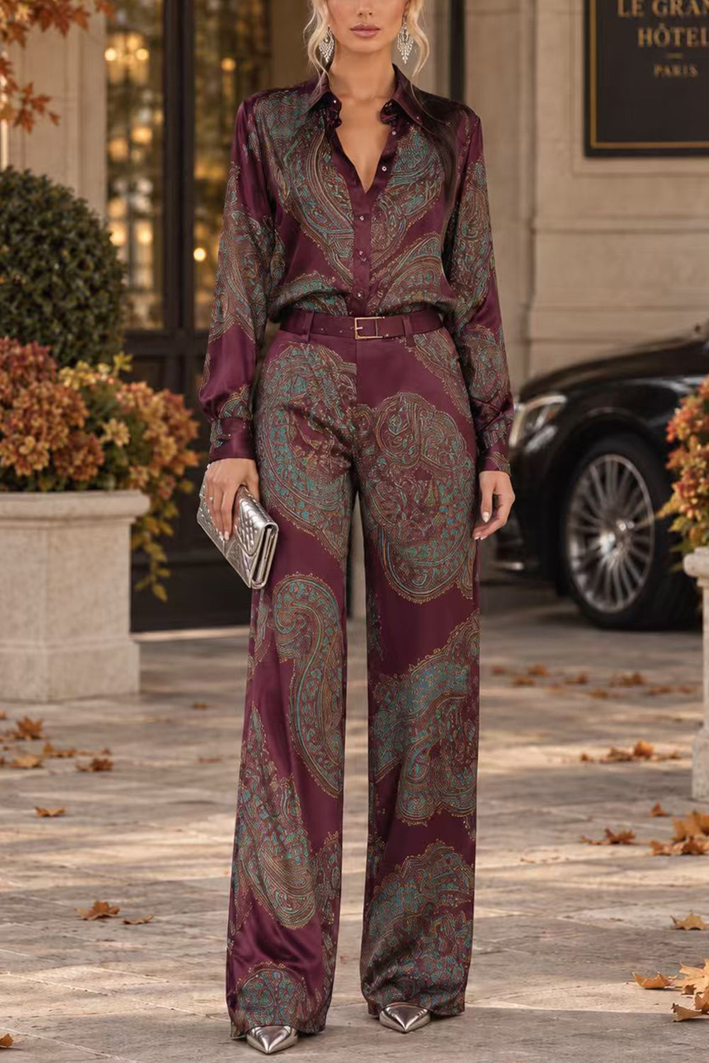 Karleedress Lapel Long Sleeves Shirt High Rise Pocketed Straight Leg Pants Paisley Print Set (A)