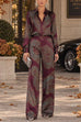 Karleedress Lapel Long Sleeves Shirt High Rise Pocketed Straight Leg Pants Paisley Print Set (A)