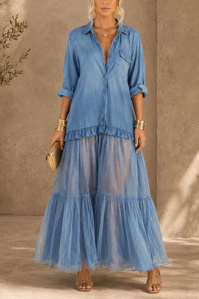 Karleedress Lapel Long Sleeves Organza Splice Ruffle Denim Maxi Dress