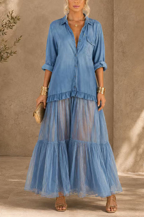 Karleedress Lapel Long Sleeves Organza Splice Ruffle Denim Maxi Dress