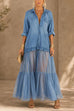 Karleedress Lapel Long Sleeves Organza Splice Ruffle Denim Maxi Dress