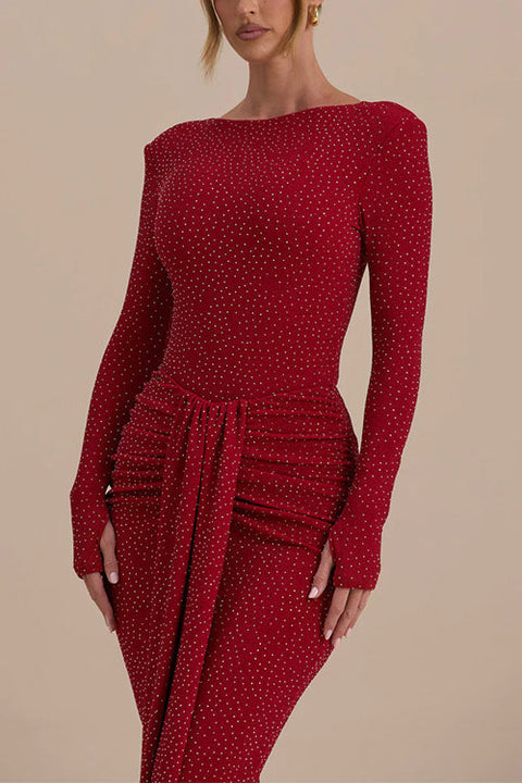 Boat Neck Long Sleeves Rhinestone Sparkle Top with Thumb Holes