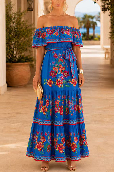 Karleedress Off Shoulder Bow Waist Floral Print Ruffle Maxi Dress