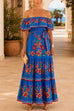 Karleedress Off Shoulder Bow Waist Floral Print Ruffle Maxi Dress