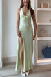 Karleedress Halter V Neck Backless Slit Rose Applique Knit Maxi Dress