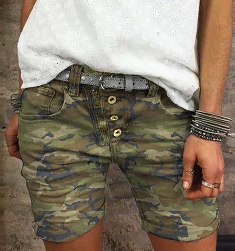Karleedress Elastic Waist Buttons Skinny Camo Shorts
