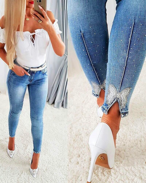 Karleedress Beaded Butterfly Distressed Skinny Denim Pants
