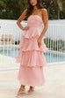 Karleedress Strapless Empire Waist Ruffle Layered Maxi Dress