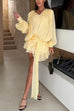Karleedress Lantern Long Sleeves Draped Ruffle Layered Mini Dress with Shorts