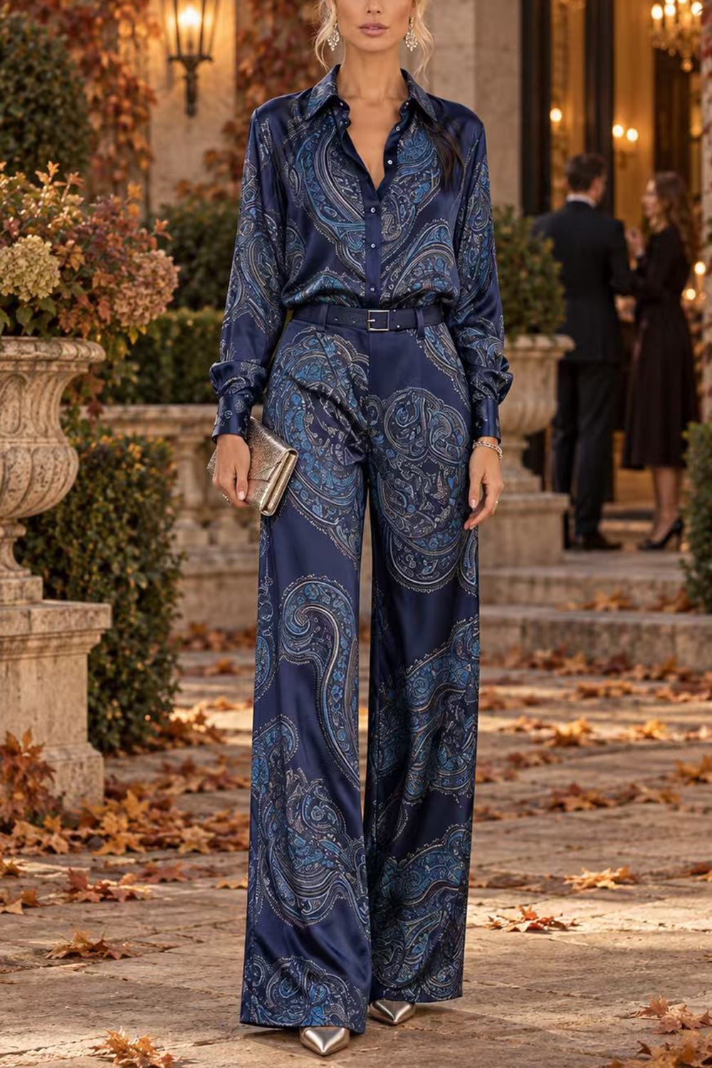 Karleedress Lapel Long Sleeves Shirt High Rise Pocketed Straight Leg Pants Paisley Print Set (C)