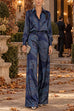 Karleedress Lapel Long Sleeves Shirt High Rise Pocketed Straight Leg Pants Paisley Print Set (C)