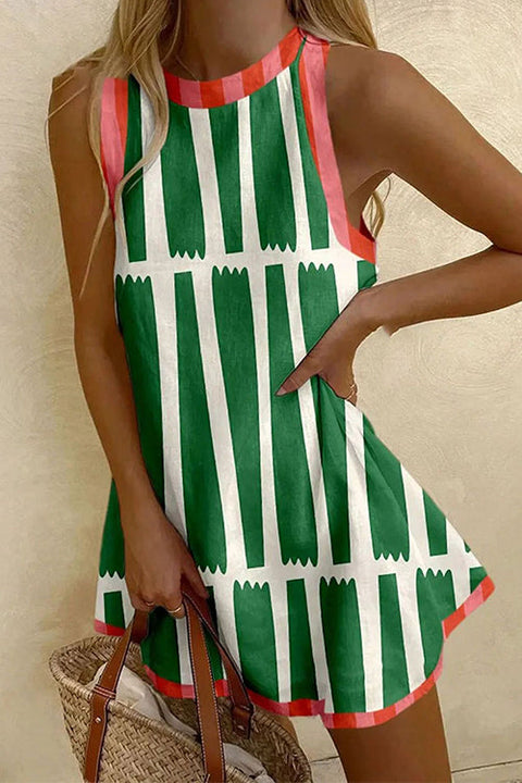 Karleedress Round Neck Color Block Striped Mini Tank Dress