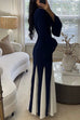 Bell Long Sleeves Color Block Swing Maxi Dress