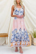 Spaghetti Strap Scenic Print Lace Trim Button Front Maxi Dress