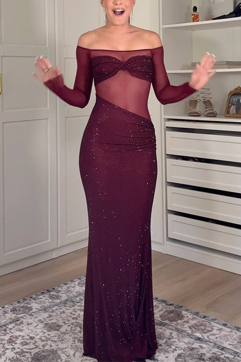 Karleedress Off Shoulder Long Sleeves Mesh Splice Sequin Maxi Party Dress