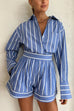 Karleedress Striped Long Sleeves Curve Hem Shirt and High Rise Shorts Set