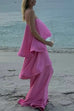 Karleedress Adjustable Strap Ruffle Layered Satin Maxi Dress