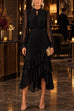 Karleedress Mock Neck Sheer Sleeve Pleated Ruffle High-Low Midi Dress (E)