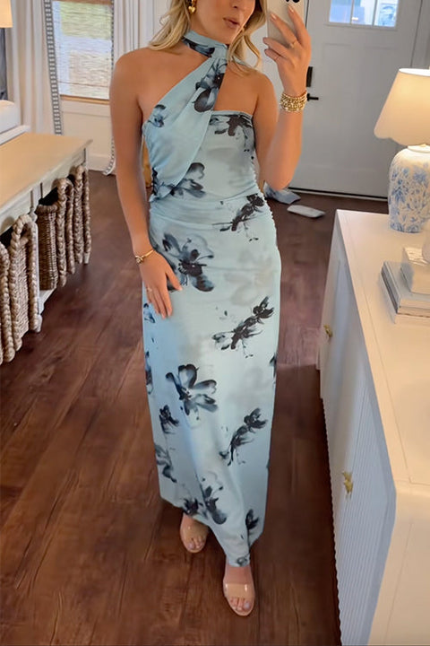 Karleedress Halter Sleeveless Floral Print Mesh Maxi Dress