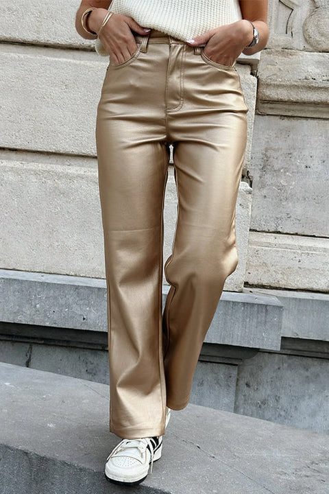 Faux Leather Straight Leg Pocketed Pants