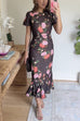 Crewneck Short Sleeves Floral Print Ruffle Hem Midi Dress