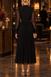 Karleedress Mock Neck Sheer Sleeve Pleated Ruffle High-Low Midi Dress (D)