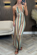 Karleedress Halter V Neck Backless Color Block Crochet Maxi Dress